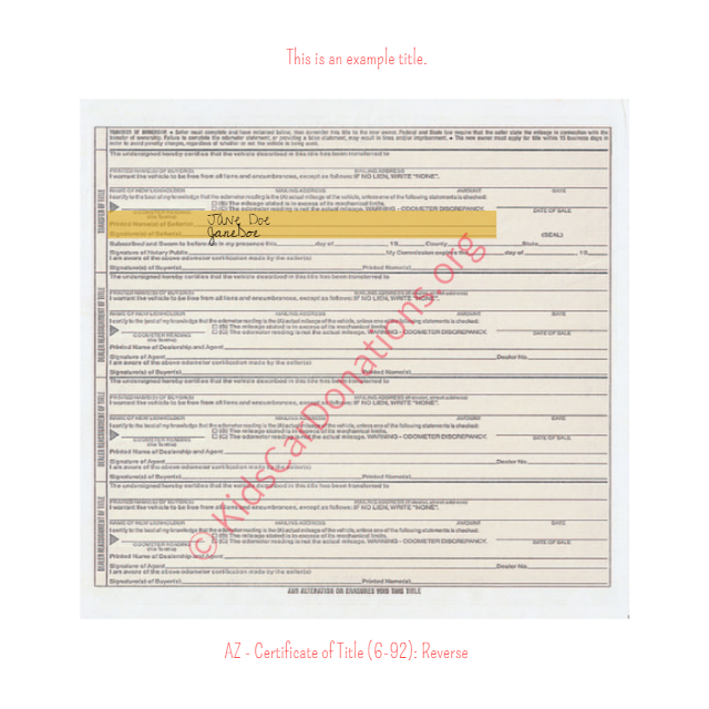 Arizona Certificate of Title (6-92) Reverse | Kids Car Donations